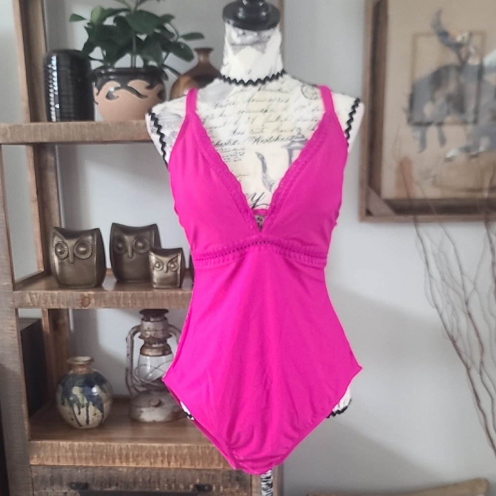 Kona Sol Fuchsia One-Piece Swimsuit V-Neck With Criss Cross Back